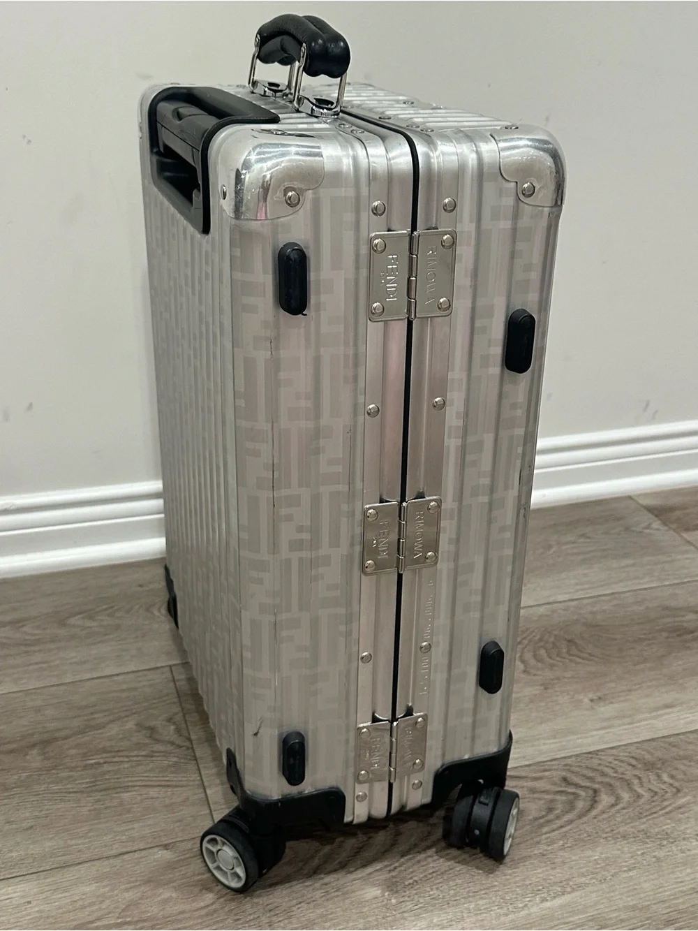 Fendi x Rimowa Silver Aluminum Hardcase Carry-On with Black Handle